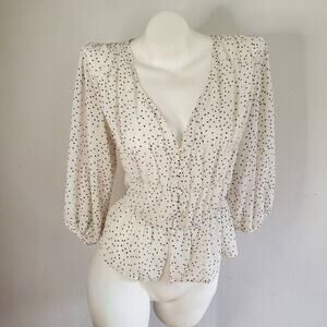 Retro Girl Blouse Sheer Polka Dot Puff‎ Sleeve Smocked Waist Boho Preppy